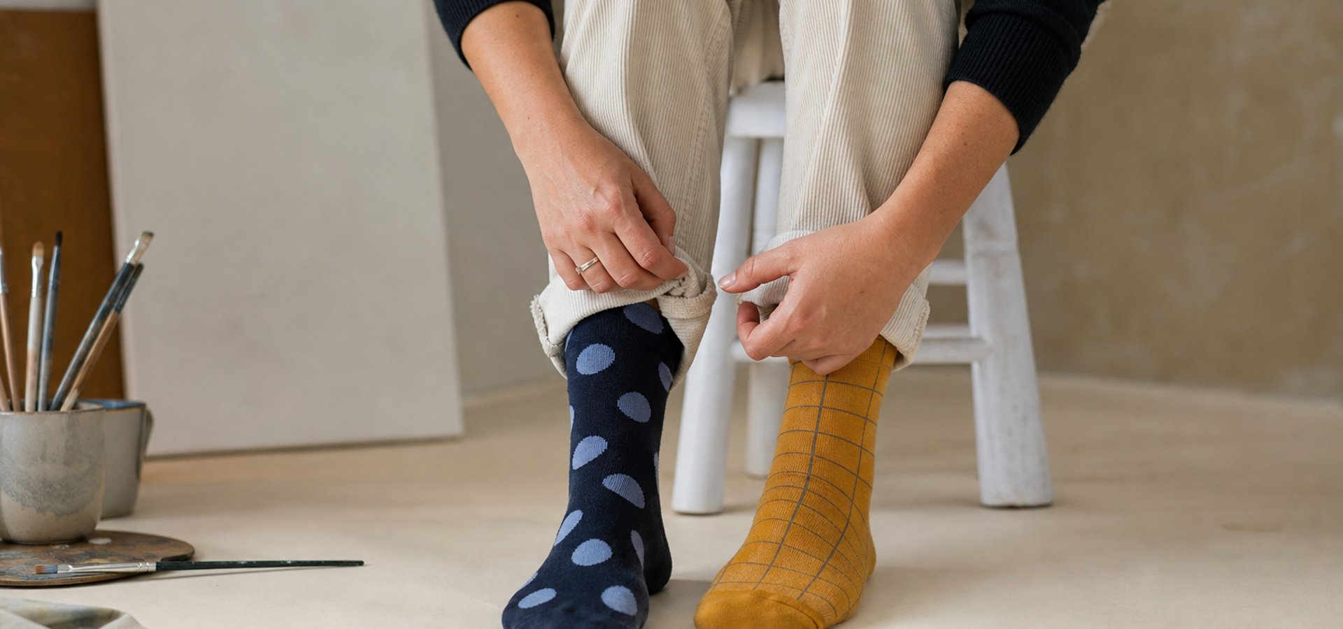 Deliberately mismatched socks for better-dressed chaos