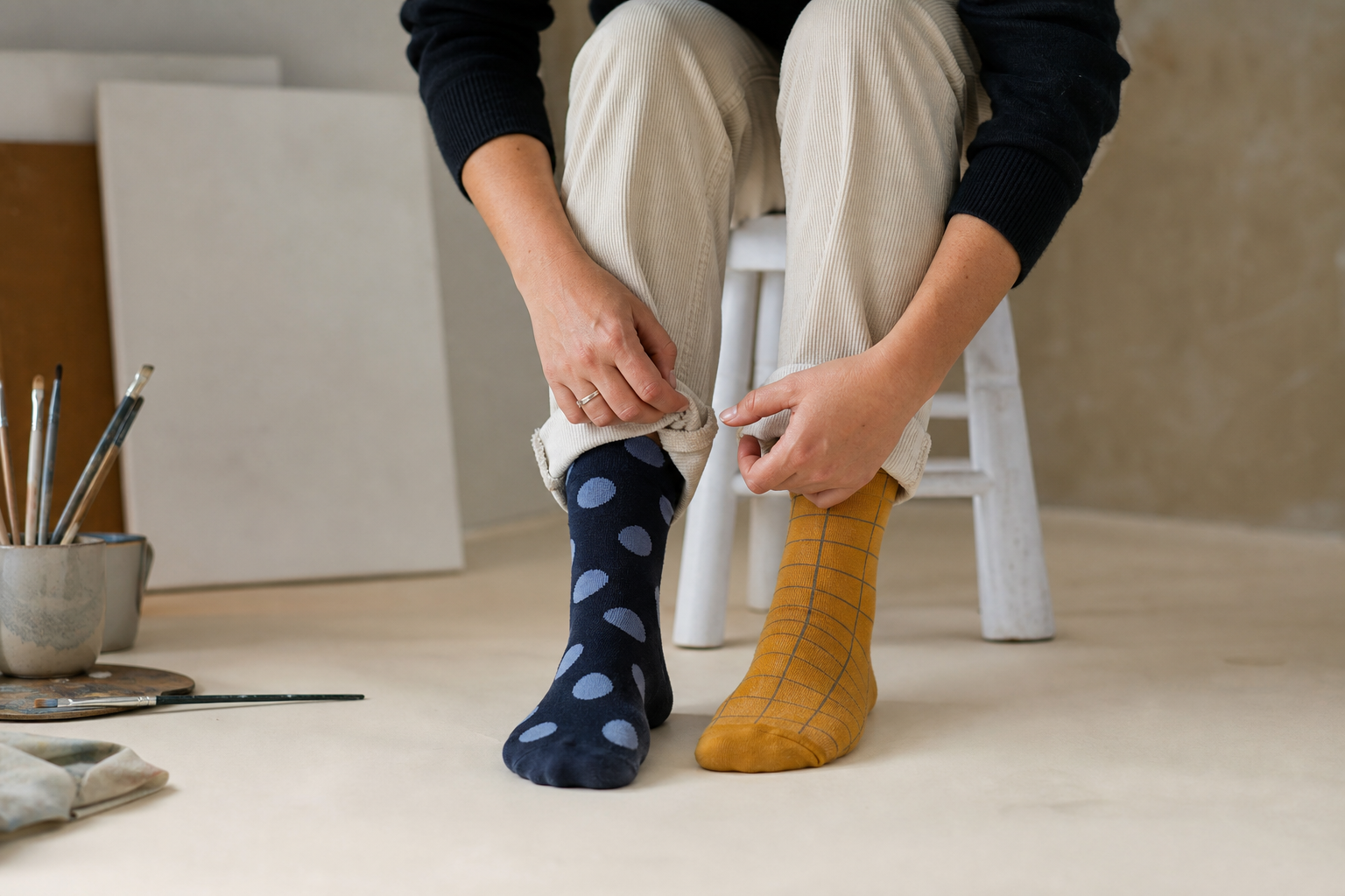 Deliberately mismatched socks for better-dressed chaos
